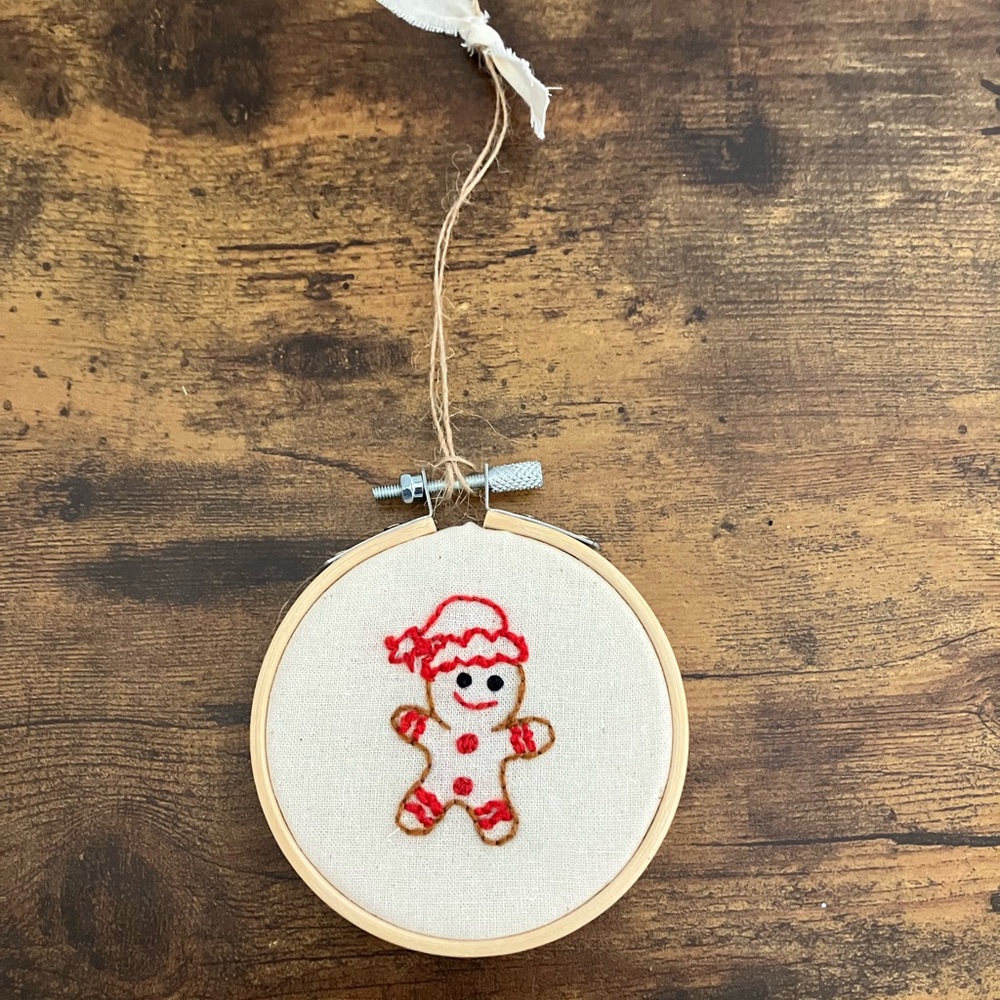 Hand Embroidered Gingerbread Man Christmas Tree Ornament,  Embroidery Hoop Art